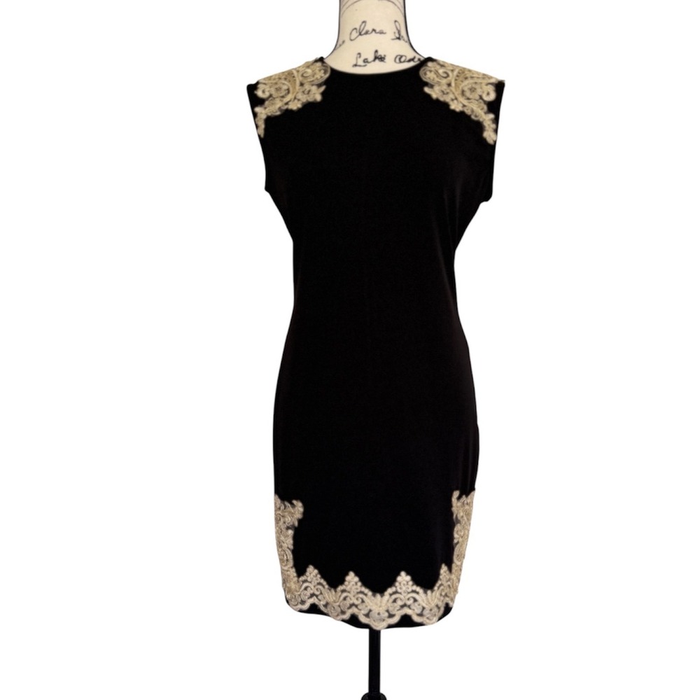 SHEIN Black Sheath Dress Gold Lace Applique Sleeveless Cocktail Dark Academia - Picture 2 of 14